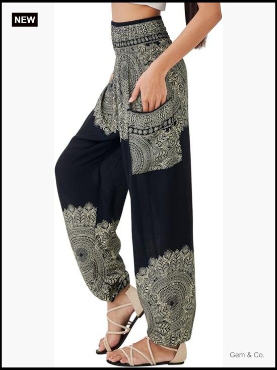 Pants - Boho Harem Pants - Flowy Yoga Pants with Side Pocket - Loose Fit